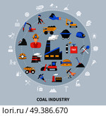 Flat design coal mining industry miner tools and machinery concept on grey background vector illustration. Mining Industry Concept. Стоковая иллюстрация, агентство Ingram Publishing / Фотобанк Лори