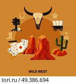 Wild west composition with prairie elements, cow skull, playing cards, wooden signpost on sand background vector illustration . Wild West Composition. Стоковая иллюстрация, агентство Ingram Publishing / Фотобанк Лори