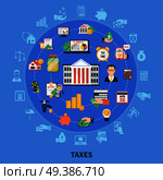 Taxes round composition on blue background with incomes, financial advisor, burden calculation and payment time vector illustration. Taxes Round Composition. Стоковая иллюстрация, агентство Ingram Publishing / Фотобанк Лори