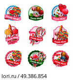 Candy shop set of emblems with colorful fruit lollipops of various shape, spiral sweets isolated vector illustration . Candy Shop Emblems Set. Стоковая иллюстрация, агентство Ingram Publishing / Фотобанк Лори