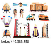 Space research technology cartoon icons collection with spacecraft launch moon rover astronauts and satellite isolated vector illustration . Space Research Technology Icons Set. Стоковая иллюстрация, агентство Ingram Publishing / Фотобанк Лори