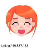 Laughing woman with closed eyes and open mouth isolated on white background. Redhead girl avatar userpic in flat style design. Vector illustration of human emotion of happiness close up portrait. Laughing Woman with Closed Eyes and Open Mouth. Стоковая иллюстрация, агентство Ingram Publishing / Фотобанк Лори