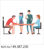 Launching of new idea in startup flat design isolated on white. Worker pondering on creation of new concept of company. Managers standing and two guys sitting at desk. Vector illustration web banner.. Launching of New Idea in Startups Flat Design. Стоковая иллюстрация, агентство Ingram Publishing / Фотобанк Лори