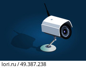 Surveillance camera safety home protection system on blue background. Flat icon of wireless white security camera with shadow in cartoon style. Modern vector illustration for web and mobile.. Surveillance Camera Safety Home Protection System. Стоковая иллюстрация, агентство Ingram Publishing / Фотобанк Лори