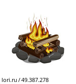 Start of firewood burning. Campfire bonfire surrounded by stones on white background. Firewood element with wood piles. Outdoor pastime on nature. Isolated vector illustration of fire in cartoon style. Start of Firewood Surrounded by Stones Burning. Стоковая иллюстрация, агентство Ingram Publishing / Фотобанк Лори