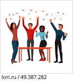 Young people having fun and startuping varicolored confetti on white background. Happy workers, men and two girls dancing near wooden table. Vector illustration web banner cartoon style.. Young People Having Fun and Startuping Confetti. Стоковая иллюстрация, агентство Ingram Publishing / Фотобанк Лори