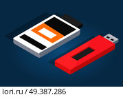 Icons of red usb and white memory card reader isolated on blue. Vector illustration of flash memory drive able to connecting with computer. Web banner of usb in cartoon style flat and shadow design.. Icons of Red USB and White Memory Card Reader. Стоковая иллюстрация, агентство Ingram Publishing / Фотобанк Лори
