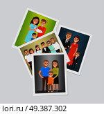 Happy family portraits set. Smiling father and mother with children and newlyweds with parents-in-law standing together flat vector illustrations. Memorable moments of family history concept. Happy Family Group Portraits Vectors Set. Стоковая иллюстрация, агентство Ingram Publishing / Фотобанк Лори