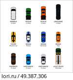 Modern cars top view icons set. Various passenger, emergency and cargo vehicles isolated flat vectors. Personal, public and commercial auto illustrations for urban transport concepts and infographics. Modern Vehicle Transport Top View Vector Icons Set. Стоковая иллюстрация, агентство Ingram Publishing / Фотобанк Лори