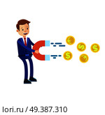 Cartoon businessman in blue suit and red tie attracts coins with magnet on white background. Symbolic vector illustration about how businessman easily achieves money. Success metaphorical picture.. Cartoon Businessman with Big Magnet Illustration. Стоковая иллюстрация, агентство Ingram Publishing / Фотобанк Лори