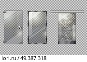 Glass door collection on transparent background. Simple glass door with long handle, with stripes and rounded handle, with flowers and extraordinary door handle. Vector picture of objects for building. Glass Door Collection on Transparent Background. Стоковая иллюстрация, агентство Ingram Publishing / Фотобанк Лори