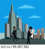Businessman in suit with briefcase speaks by phone and other man in hat reads newspaper. Downtown in New York city center. Multi storey buildings and skyscrapers on background vector illustration.. Two Gentlemen Go on Business Downtown in New York. Стоковая иллюстрация, агентство Ingram Publishing / Фотобанк Лори
