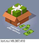 Payment after delivery online shop service. Box with present inside and dollars near isolated on grey background with sign. E commerce advertising vector illustration. Profitable Internet proposition.. Payment after Delivery Online Service Illustration. Стоковая иллюстрация, агентство Ingram Publishing / Фотобанк Лори