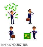 Cartoon businessman in blue suit and red tie in four different positions with money, phone briefcase and safe isolated on white background. Vector illustration on theme how easily earn money.. Cartoon Businessman Character. Illustrations Set. Стоковая иллюстрация, агентство Ingram Publishing / Фотобанк Лори