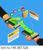 Peer to peer payments design concept with business partners committing transaction using mobile phones isometric vector illustration. Peer To Peer Payments Design Concept. Стоковая иллюстрация, агентство Ingram Publishing / Фотобанк Лори