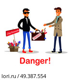 Process of buying counterfeit case with fireworks on white. Dangerous for health and life deal between unfair man in black and gullible smiling male person. Box of chip improper fireworks. Vector. Process of Buying Counterfeit Case with Fireworks. Стоковая иллюстрация, агентство Ingram Publishing / Фотобанк Лори