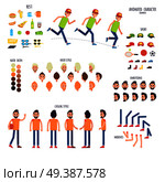 Animated character set human body parts and rest things. Vector poster of moving boy signs, sport equipment, colored hairstyles, bent arms and legs, emotions on faces and man in casual clothes. Character Set with Body Parts and Rest Things. Стоковая иллюстрация, агентство Ingram Publishing / Фотобанк Лори