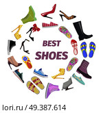 Set of best shoes for man and woman flat design. Vector illustration of black rubber boots or gumboots, low shoes, high-heeled shoes for women, flip flops, different sandals, gym shoes and sneakers.. Set of Best Shoes for Man and Woman Flat Design. Стоковая иллюстрация, агентство Ingram Publishing / Фотобанк Лори