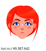 Woman serious face with pink cheeks and ideal eyebrows isolated on white background. Redhead girl avatar userpic in flat style design. Vector illustration of strong human emotion close up portrait. Female Character Face Isolated Illustration. Стоковая иллюстрация, агентство Ingram Publishing / Фотобанк Лори