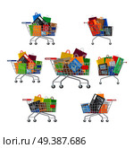 Shopping trolleys set, which includes seven carts with different amount and kinds of purchases. Shopping-themed isolated vector illustrations of carts with different stuff. Biggest dream of shopaholic.. Carts Set. Seven Full Cartoon Shopping Trolleys. Стоковая иллюстрация, агентство Ingram Publishing / Фотобанк Лори