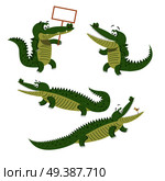 Funny cartoon crocodiles set. Crocs with small bird in mouth, on hind legs, with blank board and in natural animal position isolated on white background. Cute exotic reptiles vector illustration.. Cartoon Crocodiles Isolated Illustrations Set. Стоковая иллюстрация, агентство Ingram Publishing / Фотобанк Лори