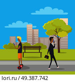 Stroll in city park concept. Businessman with briefcase and teenager on gyroscooter using mobile phone flat vector. Urban infrastructure for people recreation. Gadgets using and telephone addiction . Stroll in City Park Flat Vector Illustration. Стоковая иллюстрация, агентство Ingram Publishing / Фотобанк Лори