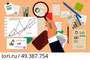 Business analyst, financial data analysis on beige background. Vector illustration of businessman with magnifying glass is looking financial reports. Many paper sheets with charts and diagrams on desk. Business Analyst, Financial Data Analysis Web Icon. Стоковая иллюстрация, агентство Ingram Publishing / Фотобанк Лори