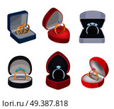 Set of gold and silver rings in various boxes isolated on white. Annulus of different samples with precious stones and sparkling diamonds. Vector illustration of wedding accessory or pleasant surprise. Set of Gold and Silver Rings in Various Boxes. Стоковая иллюстрация, агентство Ingram Publishing / Фотобанк Лори