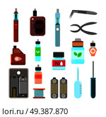 Vape gear accessories tools power cigarettes holders carrying case holders power charges flat icons isolated vector illustration . Vaping Accessories Flat Icons Set . Стоковая иллюстрация, агентство Ingram Publishing / Фотобанк Лори