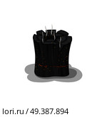 Burned bonfire black stump isolated on white. Vector illustration of cleft piece of wood with red sparks and smoke in flat design. Touristic symbol of hot burnt isolated firewood used for heat. Burned Bonfire Black Stump Isolated on White. Стоковая иллюстрация, агентство Ingram Publishing / Фотобанк Лори