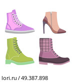 Winter and autumn female shoes set of four winter and autumn shoes rubber boots and elite shoes isolated on white background. Vector illustration of women s shoes. Fashionable shoes for cold seasons.. Winter and Autmn Female Shoes Set of Illustrations. Стоковая иллюстрация, агентство Ingram Publishing / Фотобанк Лори