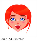 Young woman laughing face icon. Pretty redhead girl with flush and blue eyes joyfulness facial expression isolated flat vector. Female cartoon portrait illustration for women positive emotion concept. Redhead Woman Laughing Face Flat Vector Icon. Стоковая иллюстрация, агентство Ingram Publishing / Фотобанк Лори