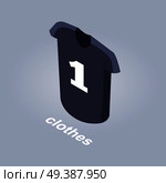 Clothes from internet shop. Dark navy sport T-shirt with number one isolated on grey background. Chose and order wear online from any place. Vector illustration of mens top piece of clothing.. Clothes from Internet Shop Isolated Illustration. Стоковая иллюстрация, агентство Ingram Publishing / Фотобанк Лори