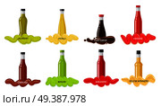 Set glass bottles with hot sauces. Sauce bottles with strips of spilled seasonings flat vector illustration isolated on white. National cuisines spicy ingredients collection for icons, logos and web  . Set of Glass Bottles with Hot Sauces Flat Vector. Стоковая иллюстрация, агентство Ingram Publishing / Фотобанк Лори