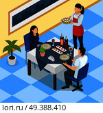 Catering isometric background with couple at restaurant table, waitress with snacks on tray vector illustration. Catering Isometric Background. Стоковая иллюстрация, агентство Ingram Publishing / Фотобанк Лори