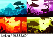 Jungle set of cartoon landscapes with rain forest with lush flora, silhouettes of animals, isolated vector illustration . Jungle Cartoon Landscapes Set. Стоковая иллюстрация, агентство Ingram Publishing / Фотобанк Лори