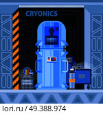 Cryogenic crionics transplantation flat composition with images of cryocamera with human identifier and additional electronic equipment vector illustration. Cryogenic Facilities Flat Background. Стоковая иллюстрация, агентство Ingram Publishing / Фотобанк Лори