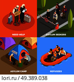 Stateless refugees asylum icons isometric 2x2 design concept with human characters of displaced persons and text vector illustration. Isometric Refugees Design Concept. Стоковая иллюстрация, агентство Ingram Publishing / Фотобанк Лори