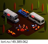 Camping hiking isometric icons composition with motor home trailers paddle boats and human characters with campfire vector illustration. Friendly Camping Isometric Composition. Стоковая иллюстрация, агентство Ingram Publishing / Фотобанк Лори
