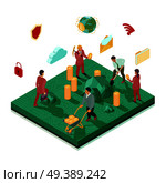 Human characters during crypto currency mining on integrated circuit platform, computer technologies icons isometric vector illustration. Crypto Currency Mining Isometric Illustration. Стоковая иллюстрация, агентство Ingram Publishing / Фотобанк Лори