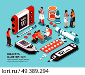 Diabetic patient life isometric composition with diagnosis sugar level tests weight control diet insulin injection vector illustration . Diabetes Isometric Composition . Стоковая иллюстрация, агентство Ingram Publishing / Фотобанк Лори