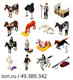 Horse riding isometric set of horses riders jockey accessories and stable staff isolated icons vector illustration. Horse Riding Isometric Icons Set . Стоковая иллюстрация, агентство Ingram Publishing / Фотобанк Лори