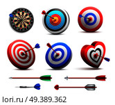 Targets round and heart shaped realistic images set with darts game flights accessories supply isolated vector illustration  . Realistic Targets Set . Стоковая иллюстрация, агентство Ingram Publishing / Фотобанк Лори