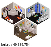 Modern bathroom interiors isometric set with straight oval corner bathtubs shower cabins cubicles toilet units Vector illustration . Bathroom Isometric  Set. Стоковая иллюстрация, агентство Ingram Publishing / Фотобанк Лори