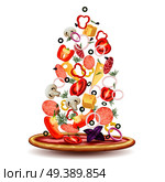 Pizza falling vegetables realistic composition with pizza crust and small pieces of topping on blank background vector illustration. Pizza Toppings Pile Composition. Стоковая иллюстрация, агентство Ingram Publishing / Фотобанк Лори