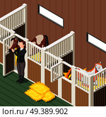 Horse stable interior isometric background with horses in stall and female figurine in jockey form vector illustration. Horse Stable Isometric Background . Стоковая иллюстрация, агентство Ingram Publishing / Фотобанк Лори