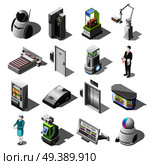 Robotized hotels isometric icons with robot waiter and cleaner personal assistant mechanical bellboy robotic baggage delivery isolated vector illustration. Robotized Hotels Isometric Icons. Стоковая иллюстрация, агентство Ingram Publishing / Фотобанк Лори