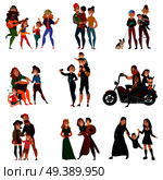 Various subcultures, families of hippie, rastafarians, bikers, punks, metalheads, goths, hipsters cartoon set isolated vector illustration. Subcultures Families Cartoon Set. Стоковая иллюстрация, агентство Ingram Publishing / Фотобанк Лори