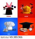 Different professions realistic design concept hats of cook, builder, conjurer, student with work tools isolated vector illustration. Different Professions Hats Design Concept. Стоковая иллюстрация, агентство Ingram Publishing / Фотобанк Лори