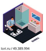 Probiotic isometric composition with human character suffering from diarrhea in toilet water closet room with text vector illustration. Stomach Upset Isometric Composition. Стоковая иллюстрация, агентство Ingram Publishing / Фотобанк Лори